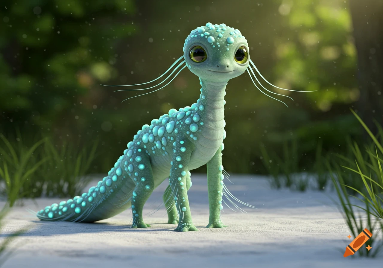 A cute, light green, bumpy fantasy creature with large dark eyes and long white whiskers stands on white sand in a lush green environment.