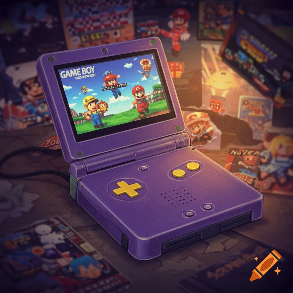 A purple Game Boy Advance with a game featuring Mario and other characters on its screen, surrounded by blurred retro gaming posters.