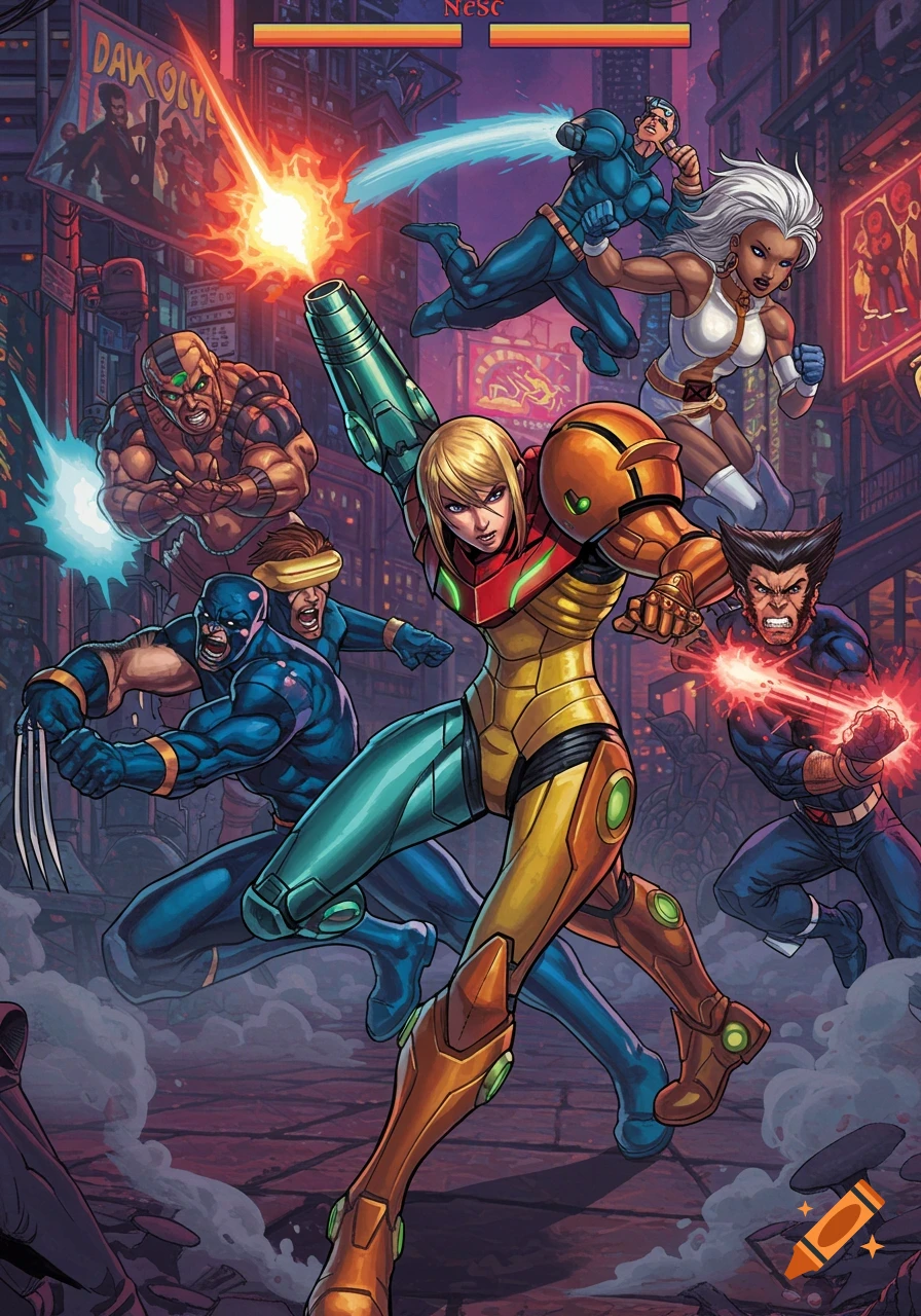 Dynamic comic-book style illustration of Samus Aran battling X-Men characters (Wolverine, Cyclops, Storm) in a neon-lit city.