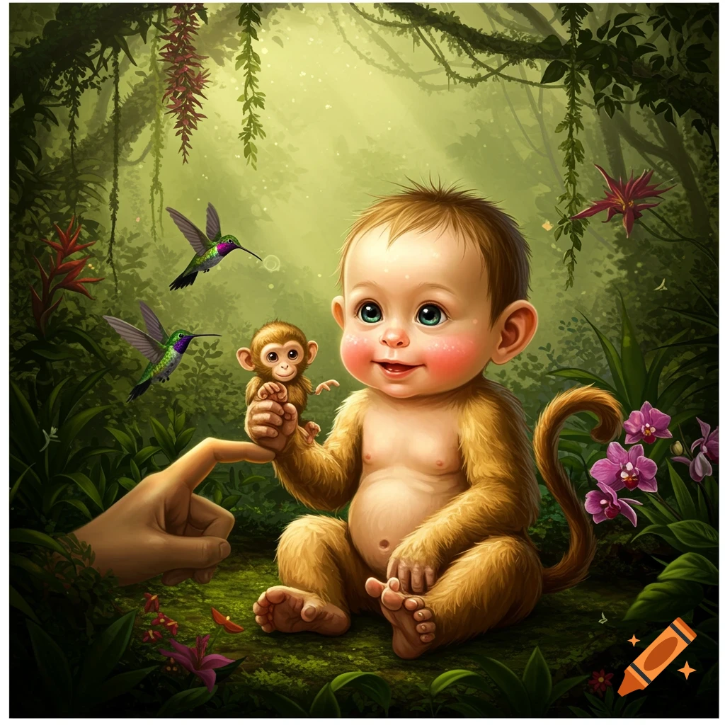 A whimsical baby creature with monkey fur and tail holding a tiny monkey in a lush jungle with hummingbirds and a human hand.