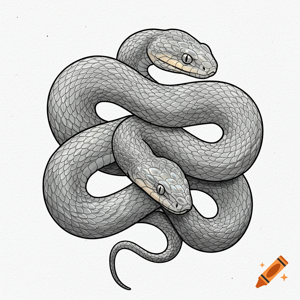 Two realistic gray snakes intertwined, drawn in a detailed line art style on a white background.