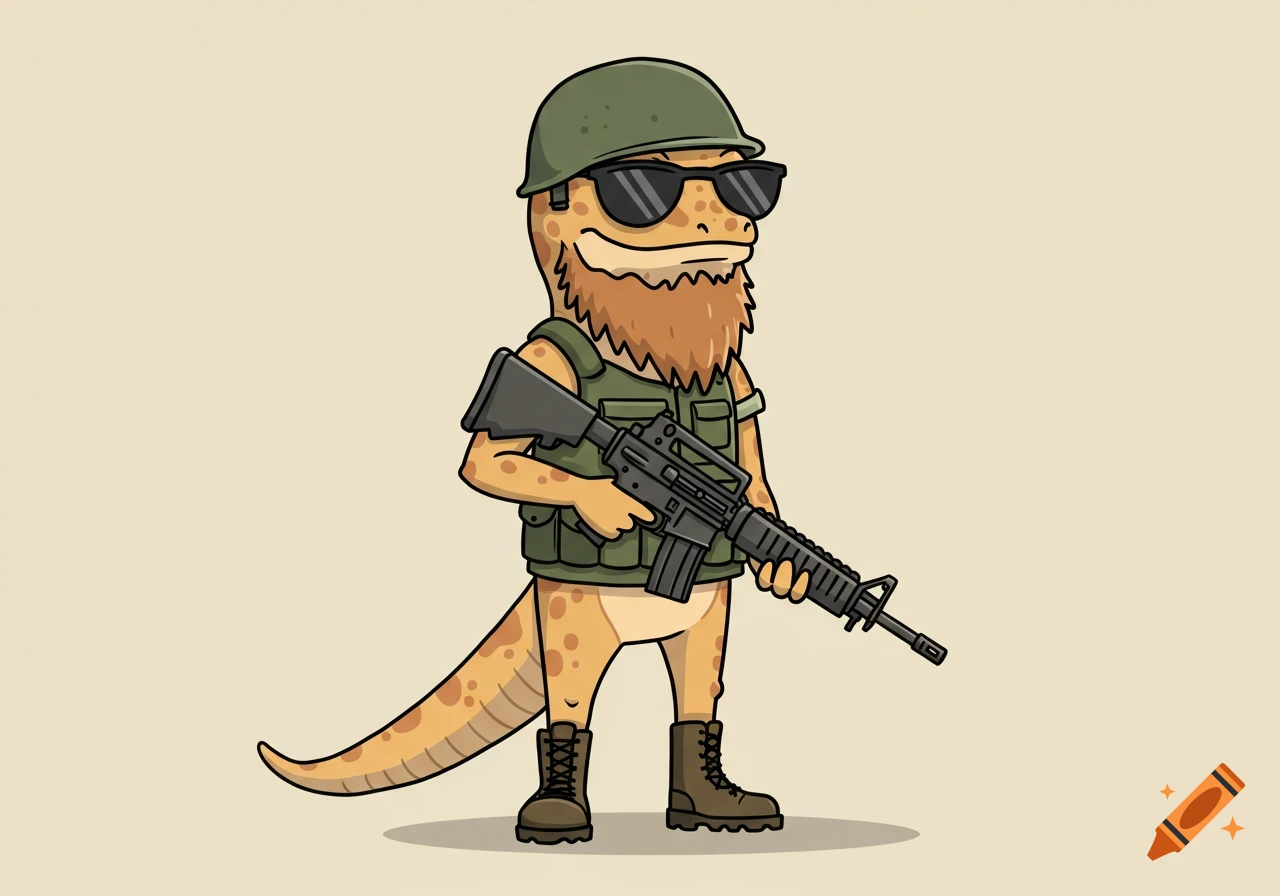 Cartoon gecko with a long beard, wearing a military helmet, sunglasses, army vest, and boots, holding a rifle.