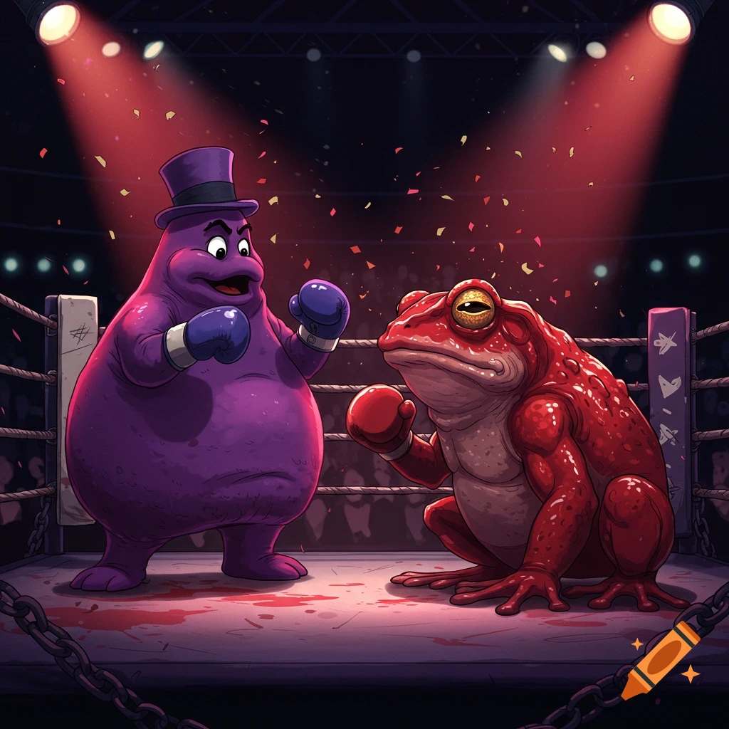 A cartoon-style purple blob monster in a top hat and blue boxing gloves faces off against a large red toad in a boxing ring, with red confetti and splatters.