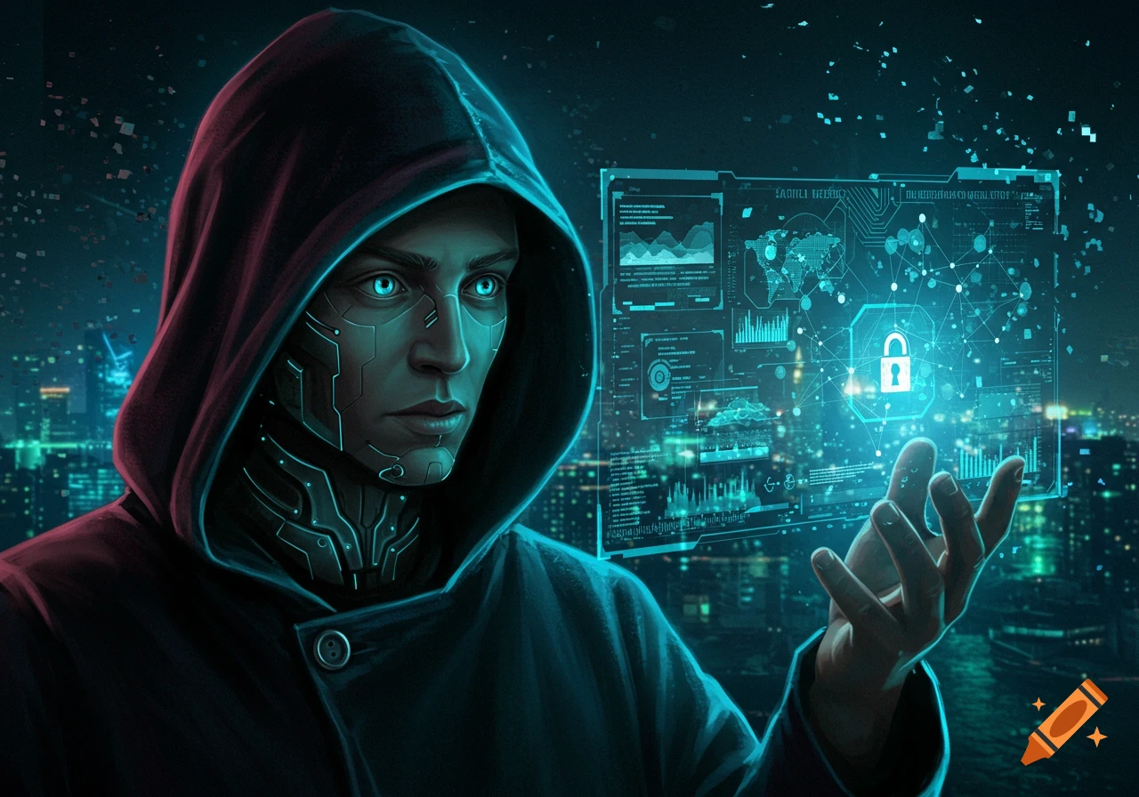 A hooded cyberpunk hacker with glowing blue eyes looks at a holographic data interface showing a lock icon, against a futuristic city night background.