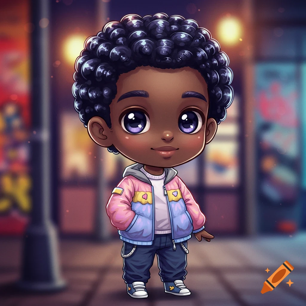 A cute chibi Black boy with tight curly hair and large purple eyes wears a pink and blue jacket and stands on a city street at night in a cartoon style.