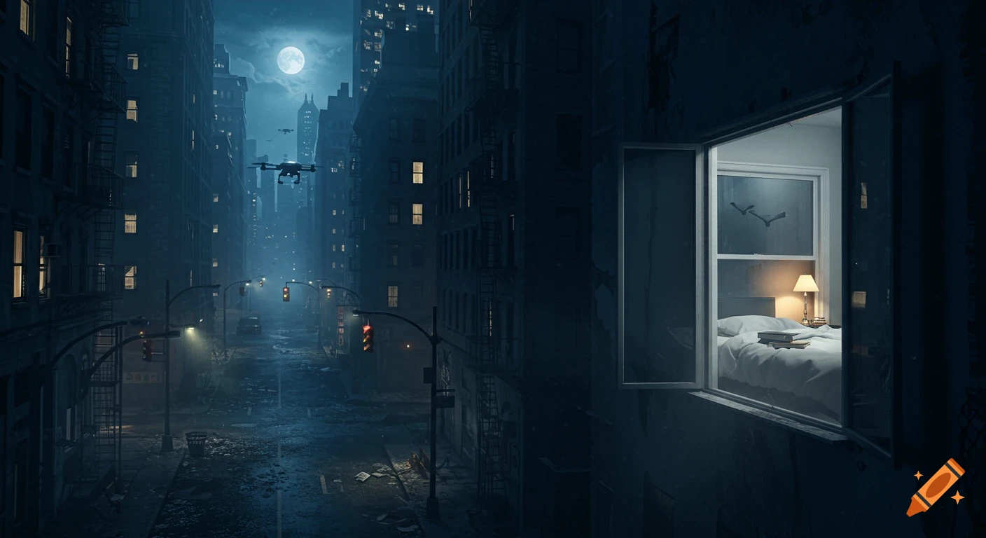 Dark, eerie city street at night with a full moon and drone, revealing a bedroom through an open window.