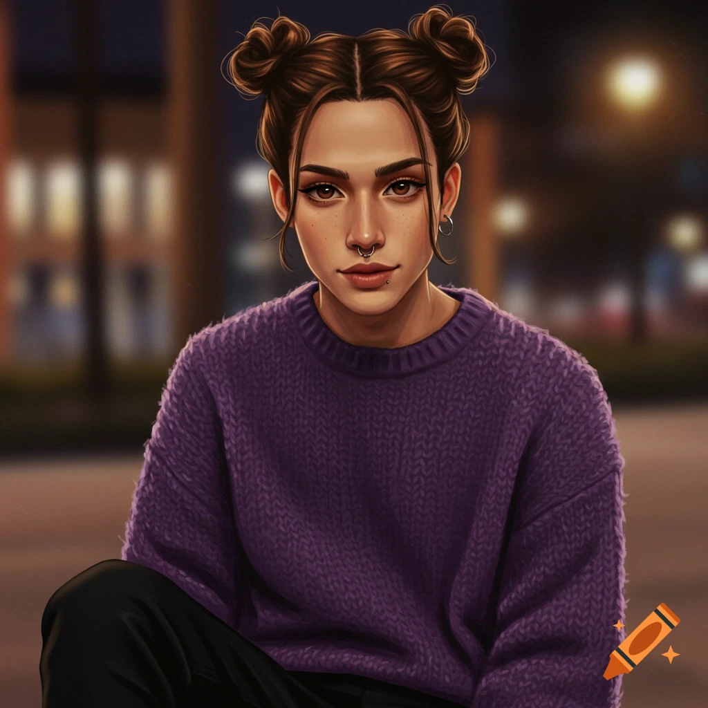 Digital art portrait of a young person with brown hair in space buns, wearing a purple sweater, with a nose ring, at night.