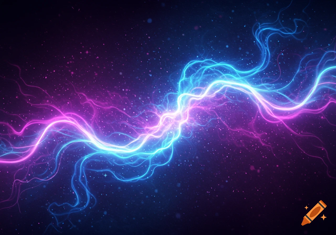 Vibrant blue and pink glowing plasma streams against a dark, starry background.