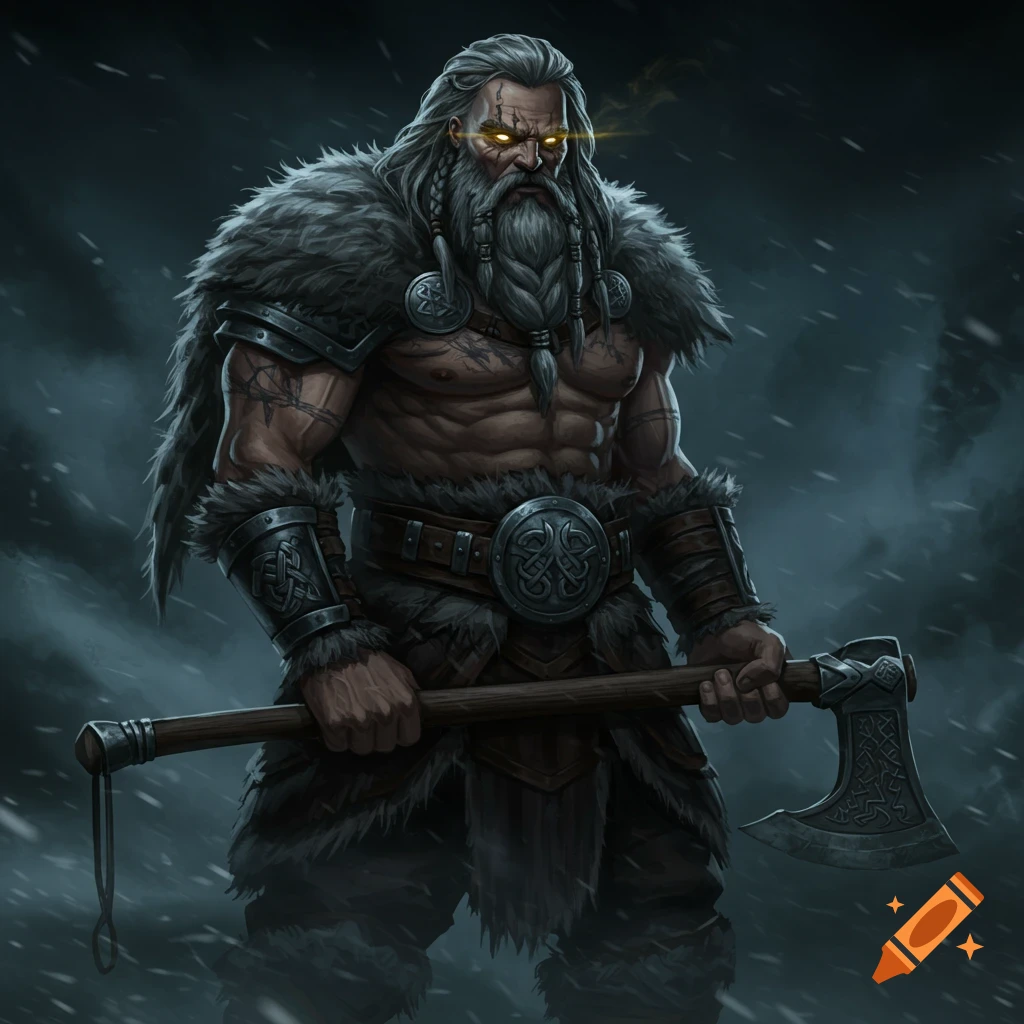 A muscular man with long grey hair, a matching beard, and glowing yellow eyes, wearing fur armor, holding an axe in a snowy, dark setting.
