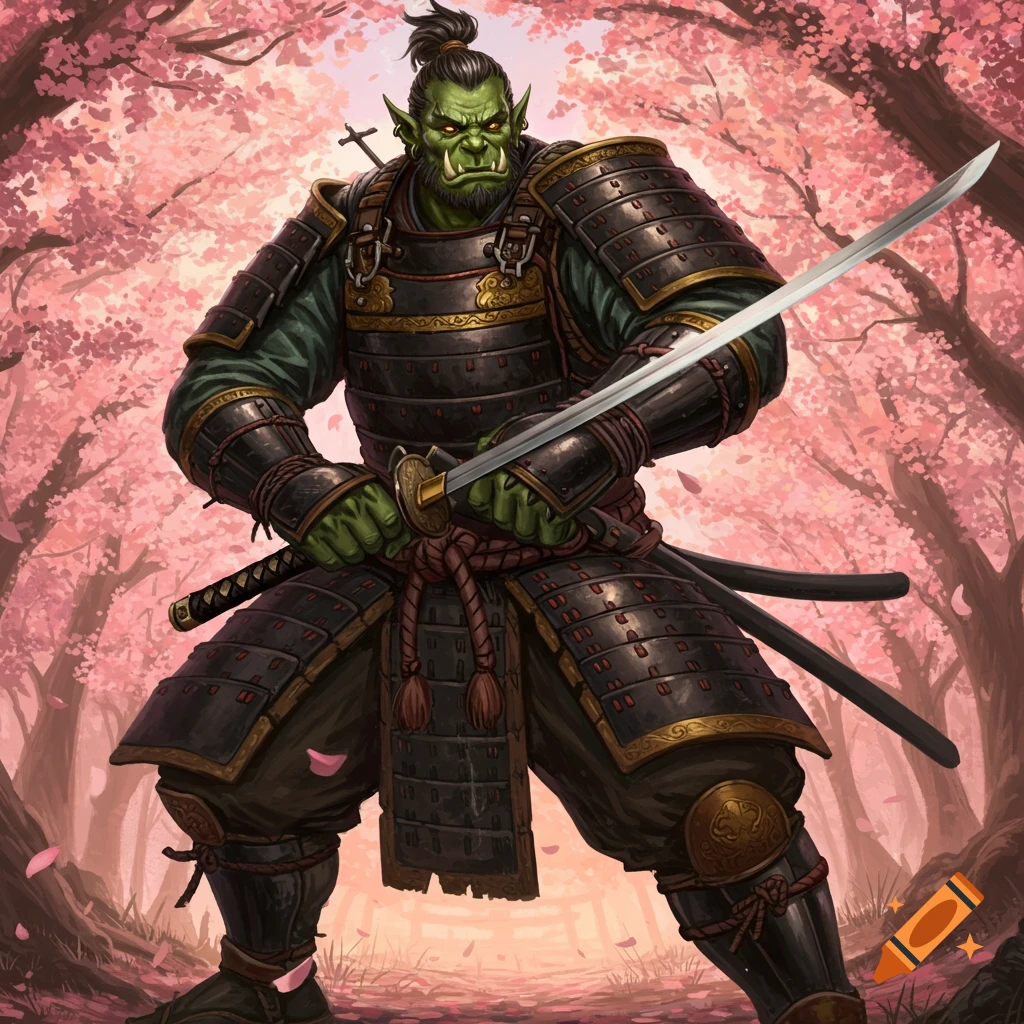 A formidable green-skinned orc samurai in black and gold armor wields a katana amidst a grove of pink cherry blossom trees.