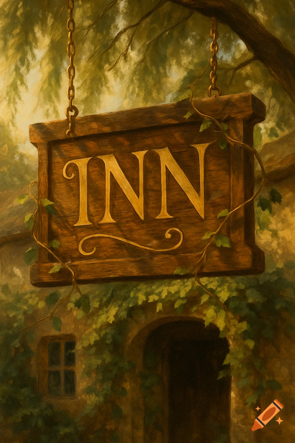 A painterly wooden 'INN' sign hangs from a tree, with a stone building and ivy below, in warm, soft light.