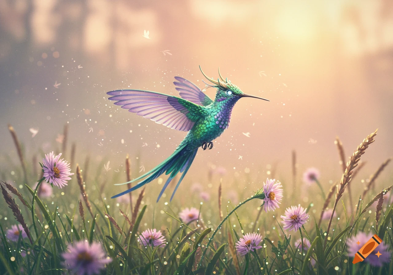 A fantastical green and purple hummingbird with glowing eyes flies over a sparkling meadow of purple flowers at sunrise.