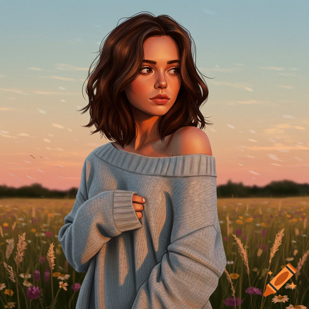 Illustrative portrait of a young woman with brown hair looking right, wearing an off-shoulder sweater in a sunlit field at sunset.
