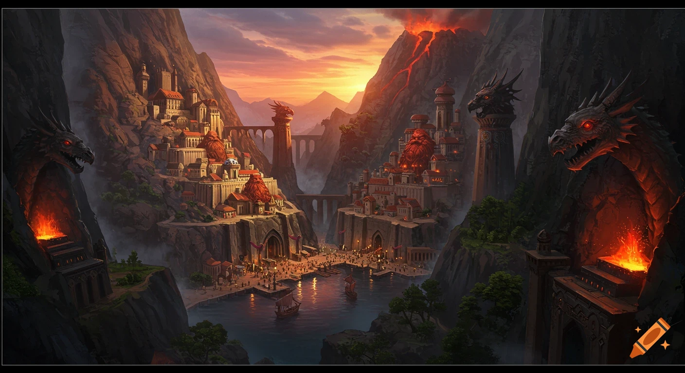 A fantasy dwarven city with dragon-headed towers built into mountains, a bustling port, and a volcano at sunset.