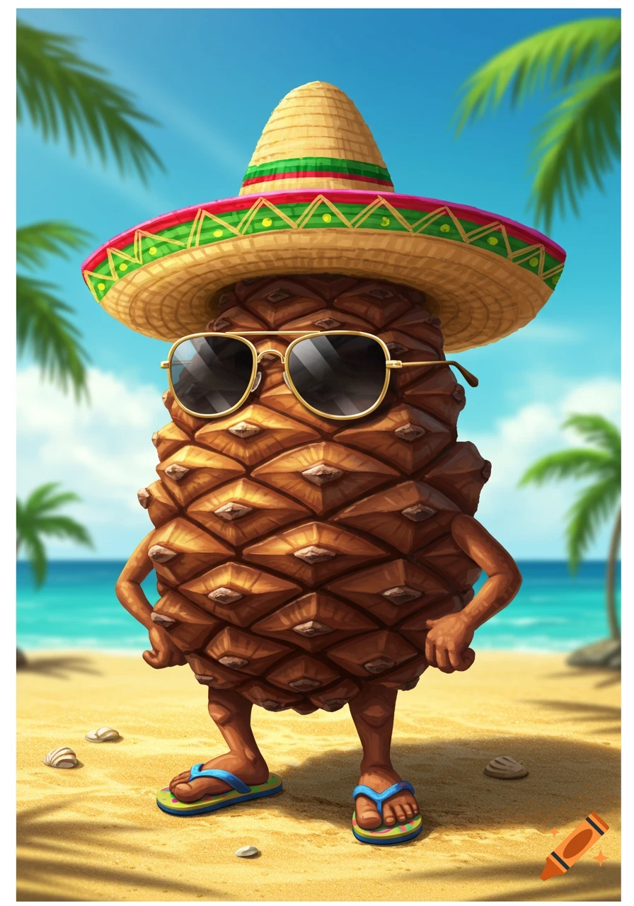 A whimsical cartoon pinecone wearing a sombrero and sunglasses stands on a sunny beach with palm trees and ocean in the background.