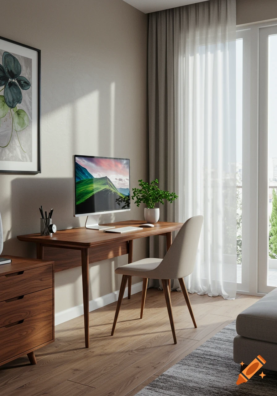 A modern home office with a wooden desk, computer, and plant, situated next to a large window with sheer curtains.