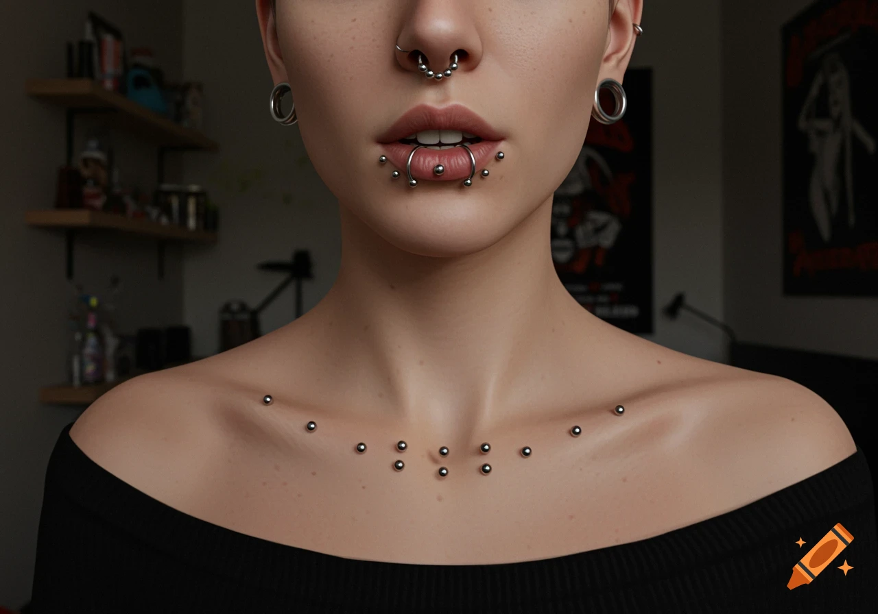 Close-up photorealistic portrait of a person with numerous facial and chest piercings, wearing a black off-shoulder top.