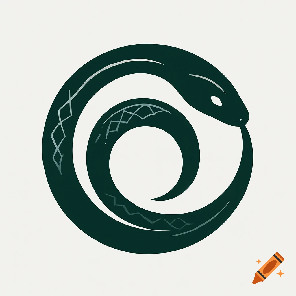 Minimalist dark green ouroboros logo on a light background.