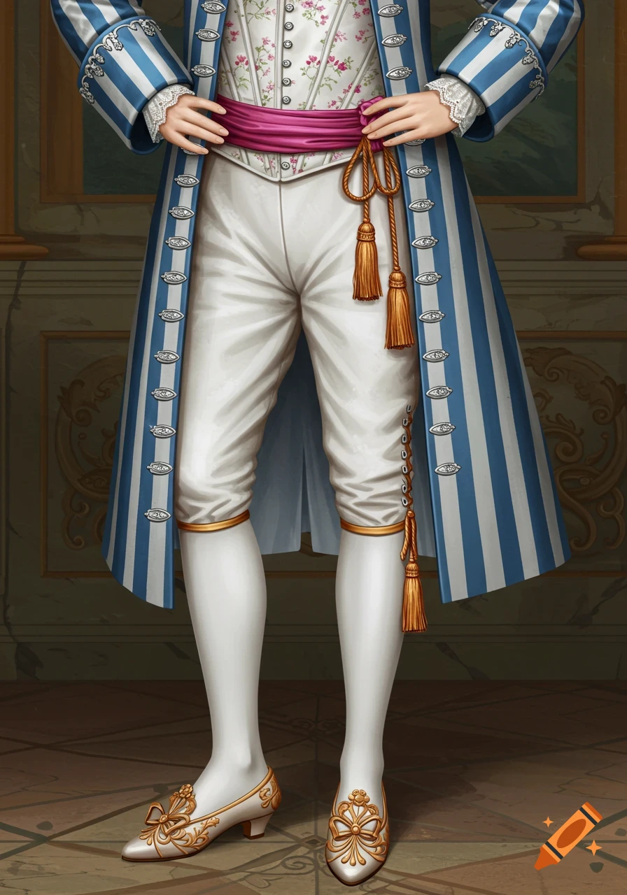 Highly detailed illustration of a person in 18th-century fashion, featuring a blue and white striped coat, white breeches, and golden shoes.