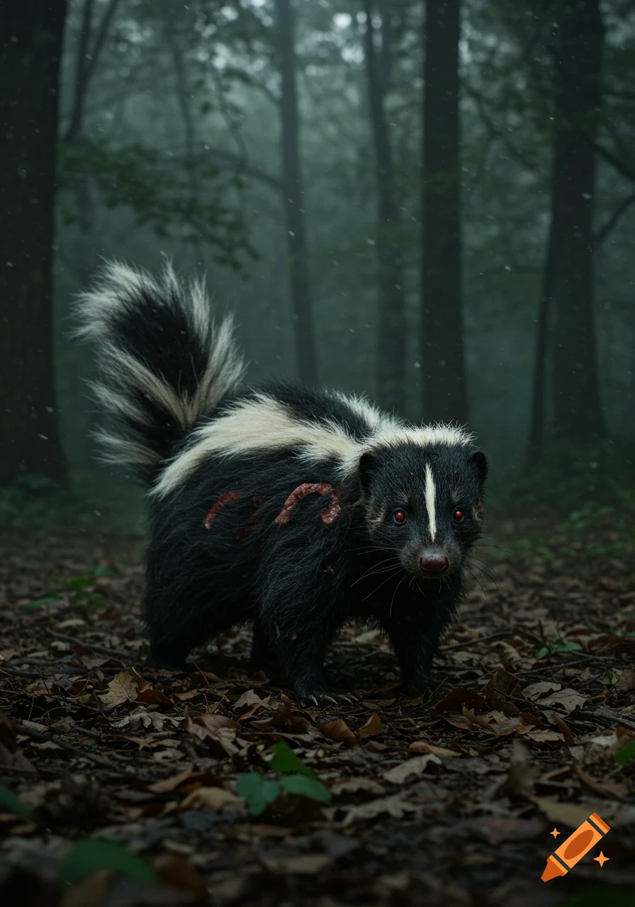 A realistic skunk with red eyes and what appears to be open wounds on its side stands on a leaf-covered forest floor, with misty trees in the background.