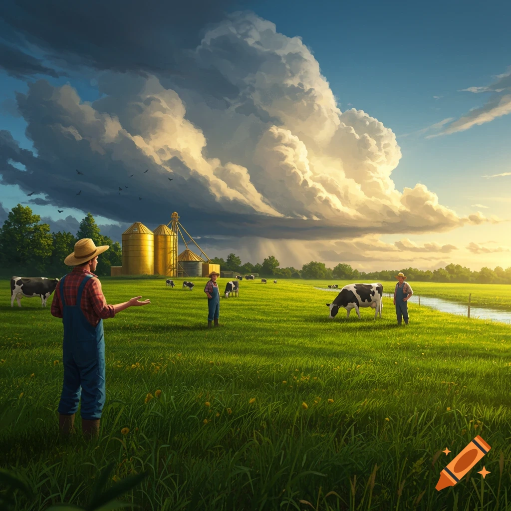 Farmers and cows in a vibrant green field with golden silos under a dramatic sky with large clouds and sunset light.