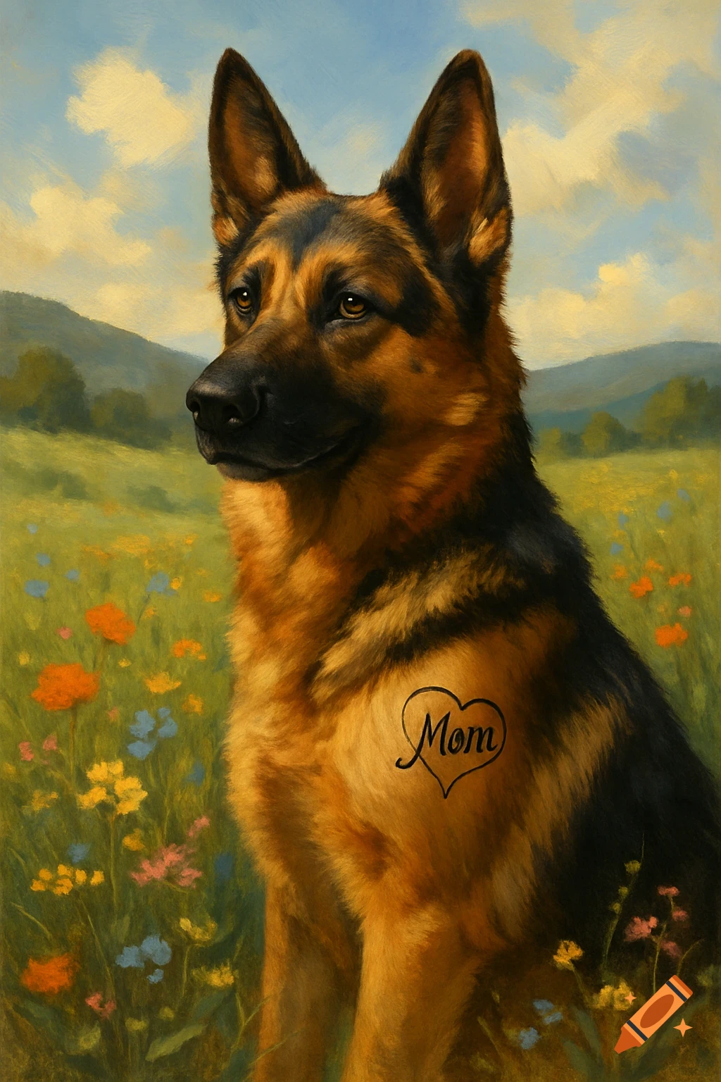 Painterly portrait of a German Shepherd with a 'Mom' heart tattoo, sitting in a field of colorful wildflowers under a blue sky.