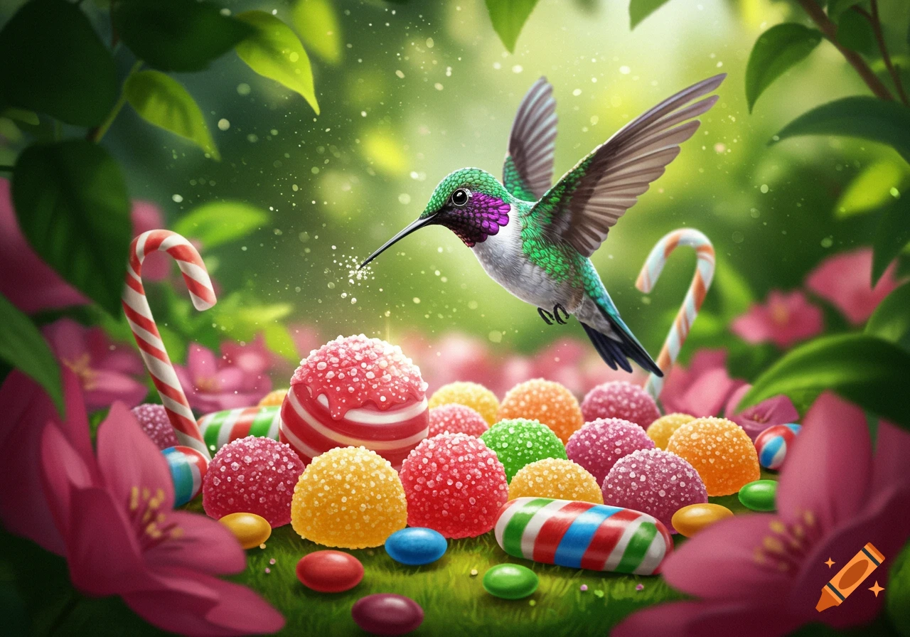 A vibrant hummingbird hovers over a ground covered with colorful candies and gumdrops, surrounded by green leaves and pink flowers.