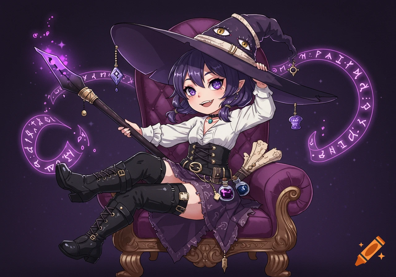 An anime-style witch with a large hat and fangs sits on a purple throne, holding a glowing staff. Purple runes float around her.