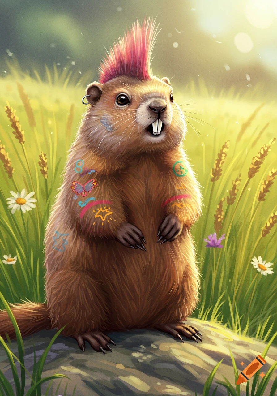 A cute cartoon groundhog with a pink mohawk, an ear piercing, and colorful tattoos, standing in a sunny grassy field.