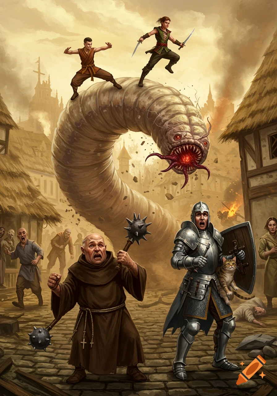 A monk and a rogue fight a giant worm terrorizing a medieval village while a friar and paladin with a cat stand in the foreground, villagers flee.