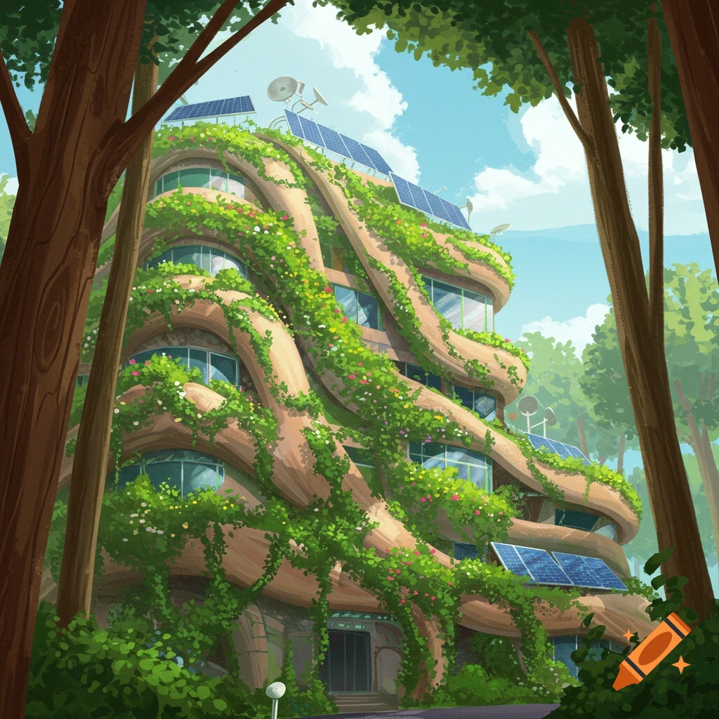 Stylized illustration of a solarpunk building covered in green vines and solar panels, nestled within a lush forest.