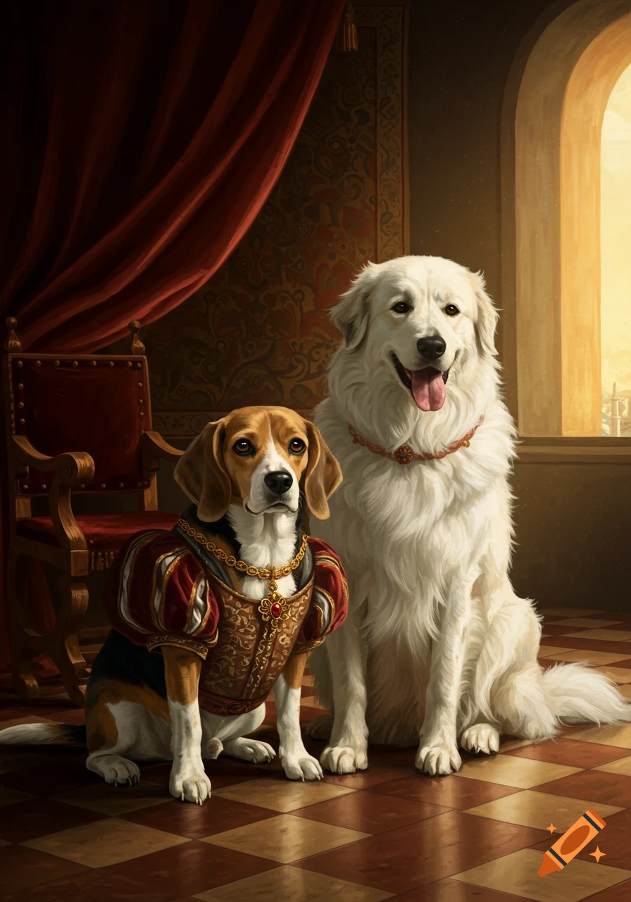 A renaissance-style portrait of a beagle in an ornate gown and a Great Pyrenees sitting in a grand room with a checkered floor.