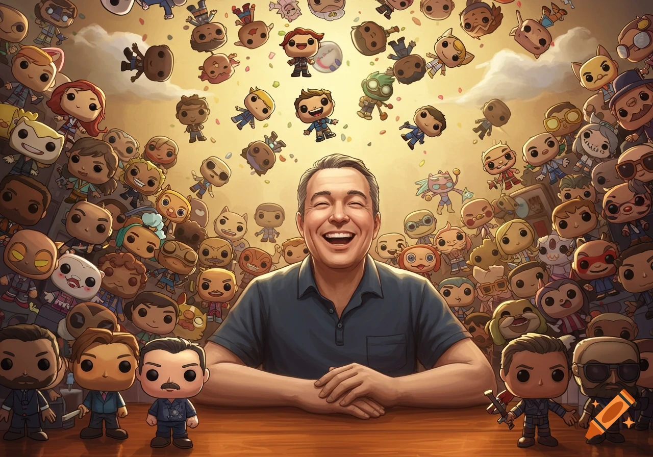 A happy middle-aged man sits at a table, surrounded by a multitude of stylized Funko Pop-like figures, some falling from above.