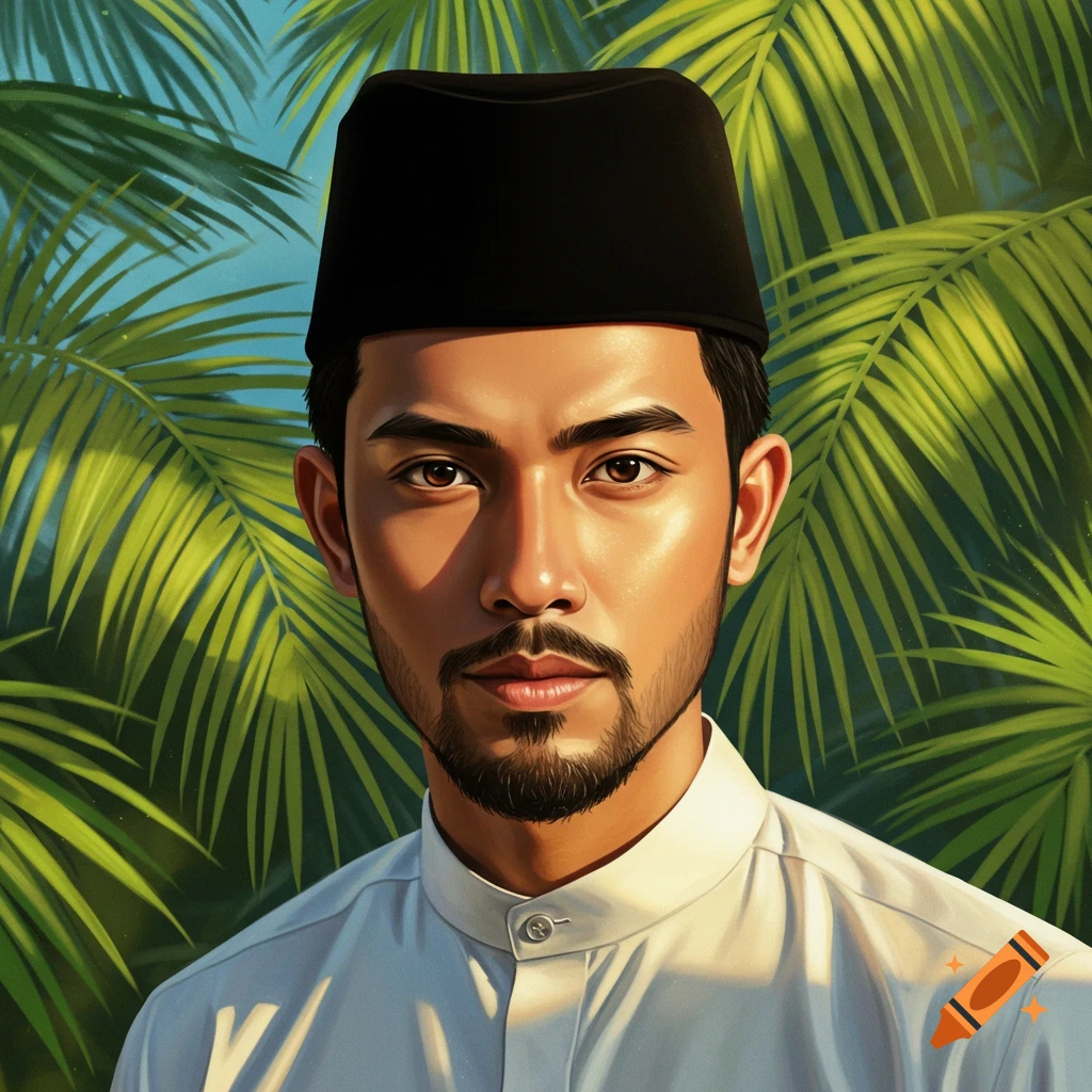 Digital painting of a Malay man with a trimmed beard and black songkok, wearing a white traditional shirt, against green palm leaves.