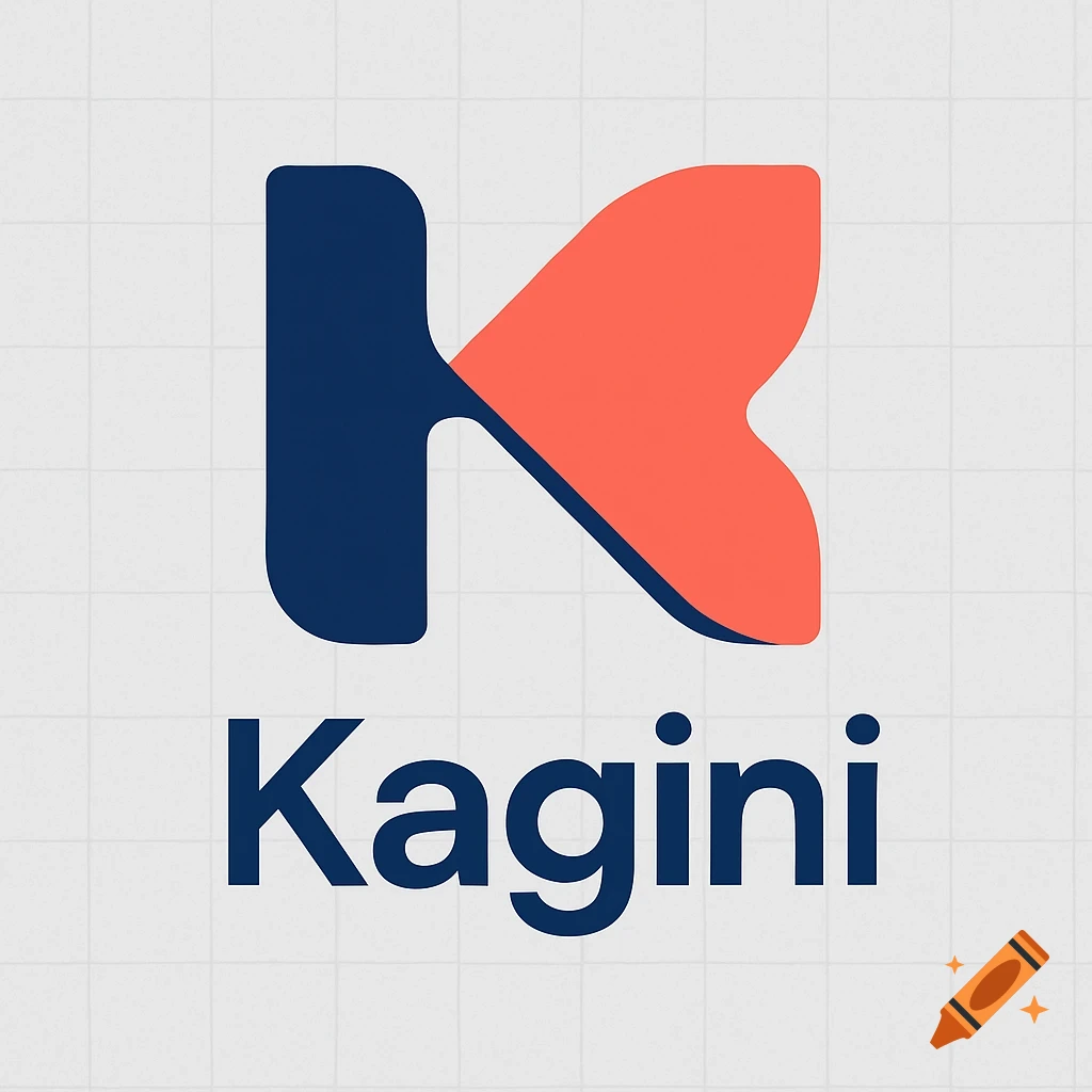 A modern abstract logo for 'Kagini' with a dark blue 'K' shape connected to an energetic coral orange abstract shape, on a light gray grid background.