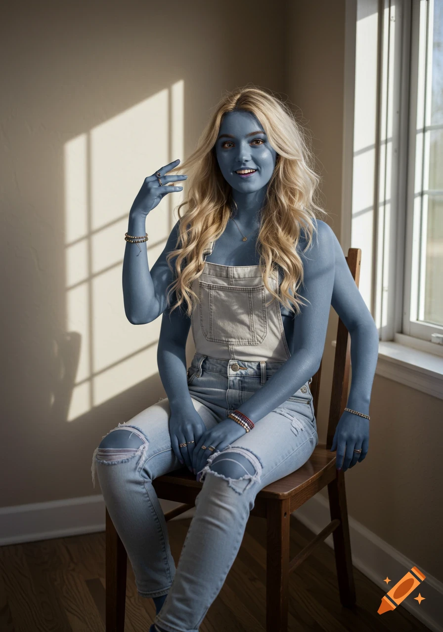 A young woman with blue skin and four arms, blonde hair, wearing a white jumper and ripped jeans, sitting on a chair and smiling.