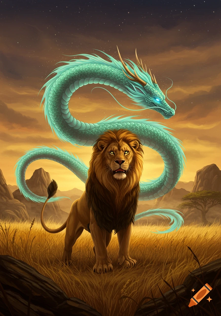 A majestic lion stands in golden grass with a turquoise dragon coiling behind it, under a starry, orange twilight sky. Fantasy art.