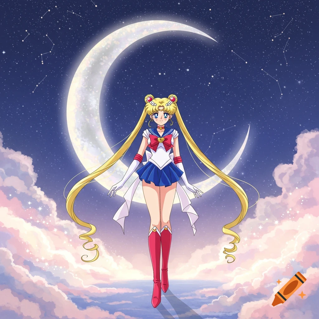 Anime illustration of Sailor Moon standing in front of a glowing crescent moon, in a starry night sky with clouds.