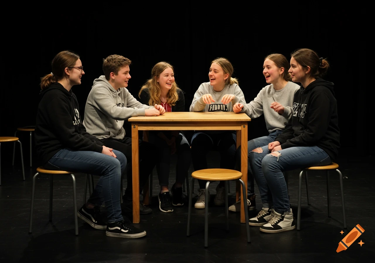 Teenagers sitting around a table on a dark stage, laughing and interacting, dressed in casual clothes.