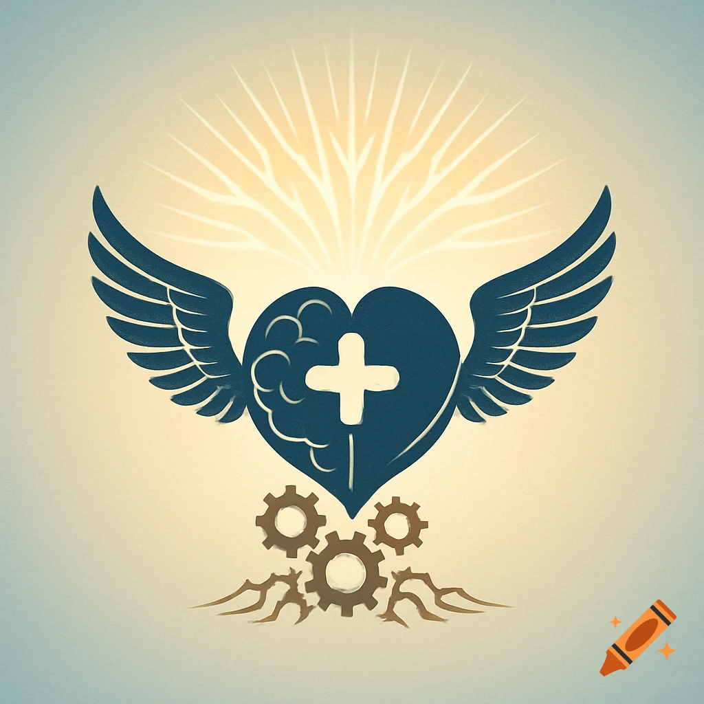 A dark blue winged heart-brain logo with a white plus sign, gears as roots, and a sunray tree behind it.