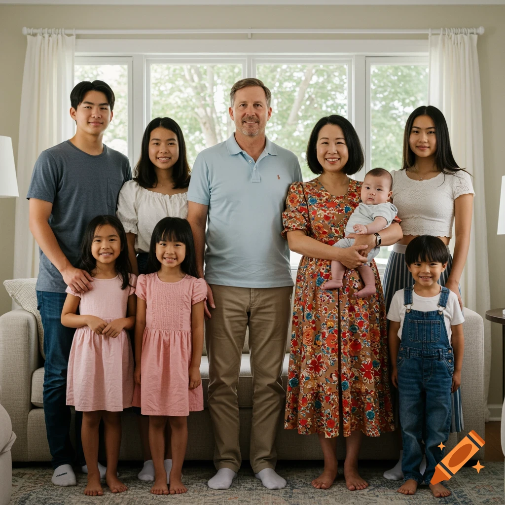 A large diverse family of nine people, including a baby, standing together in a bright living room in a photorealistic style.