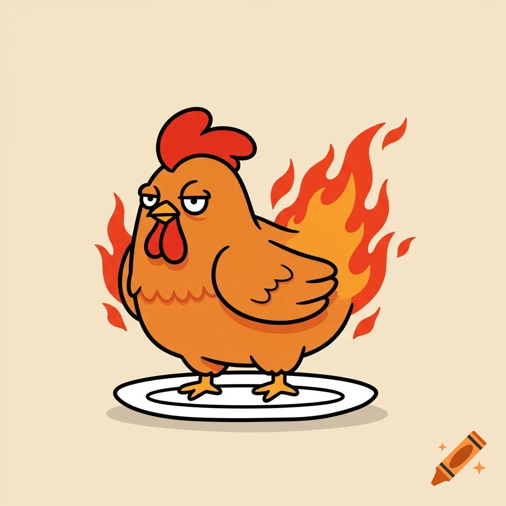 A grumpy cartoon chicken stands on a plate, with flames erupting from its back, in a simple icon style.