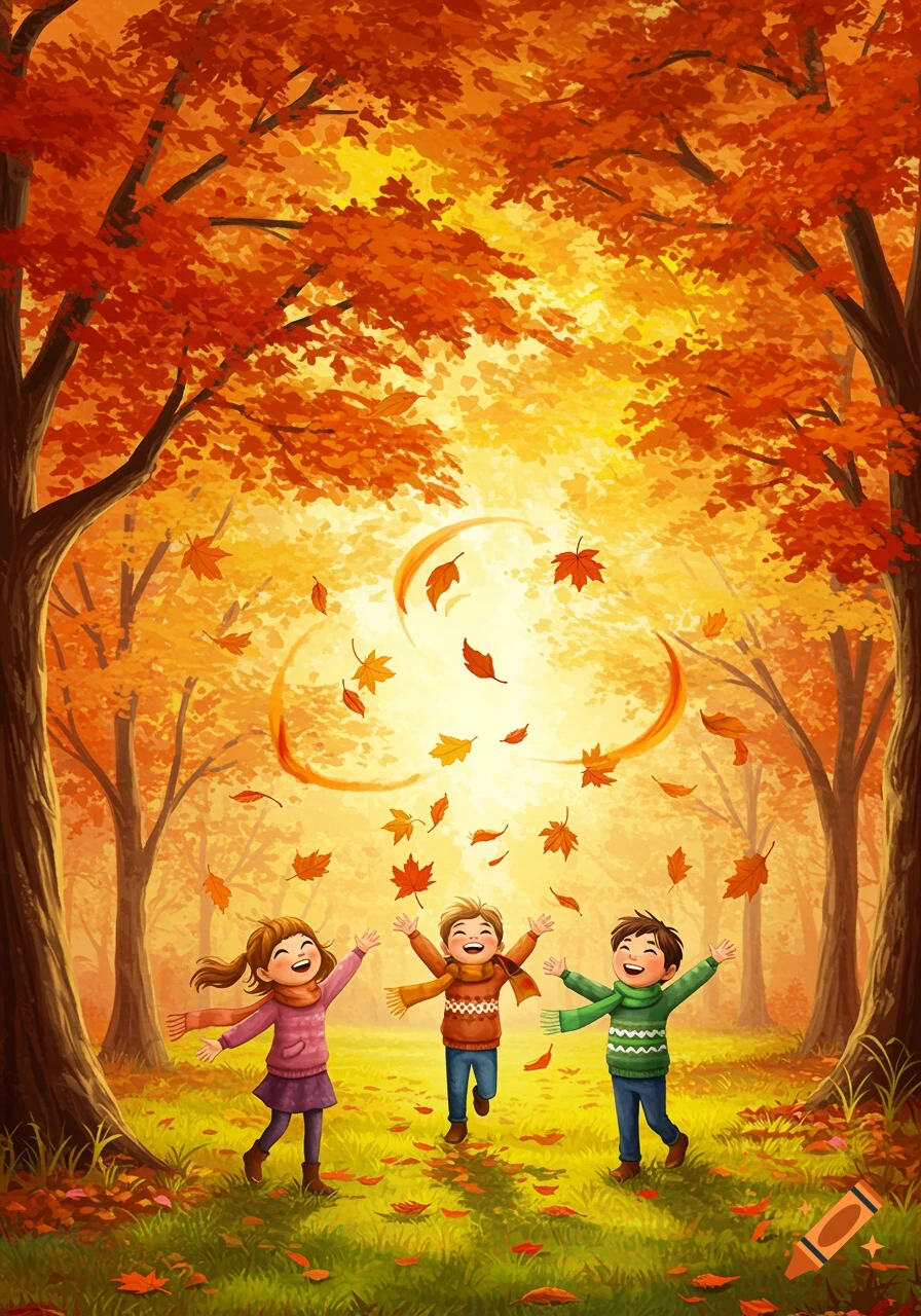 Three happy children playing in a vibrant autumn forest, surrounded by falling red and orange leaves, in a cheerful illustration style.
