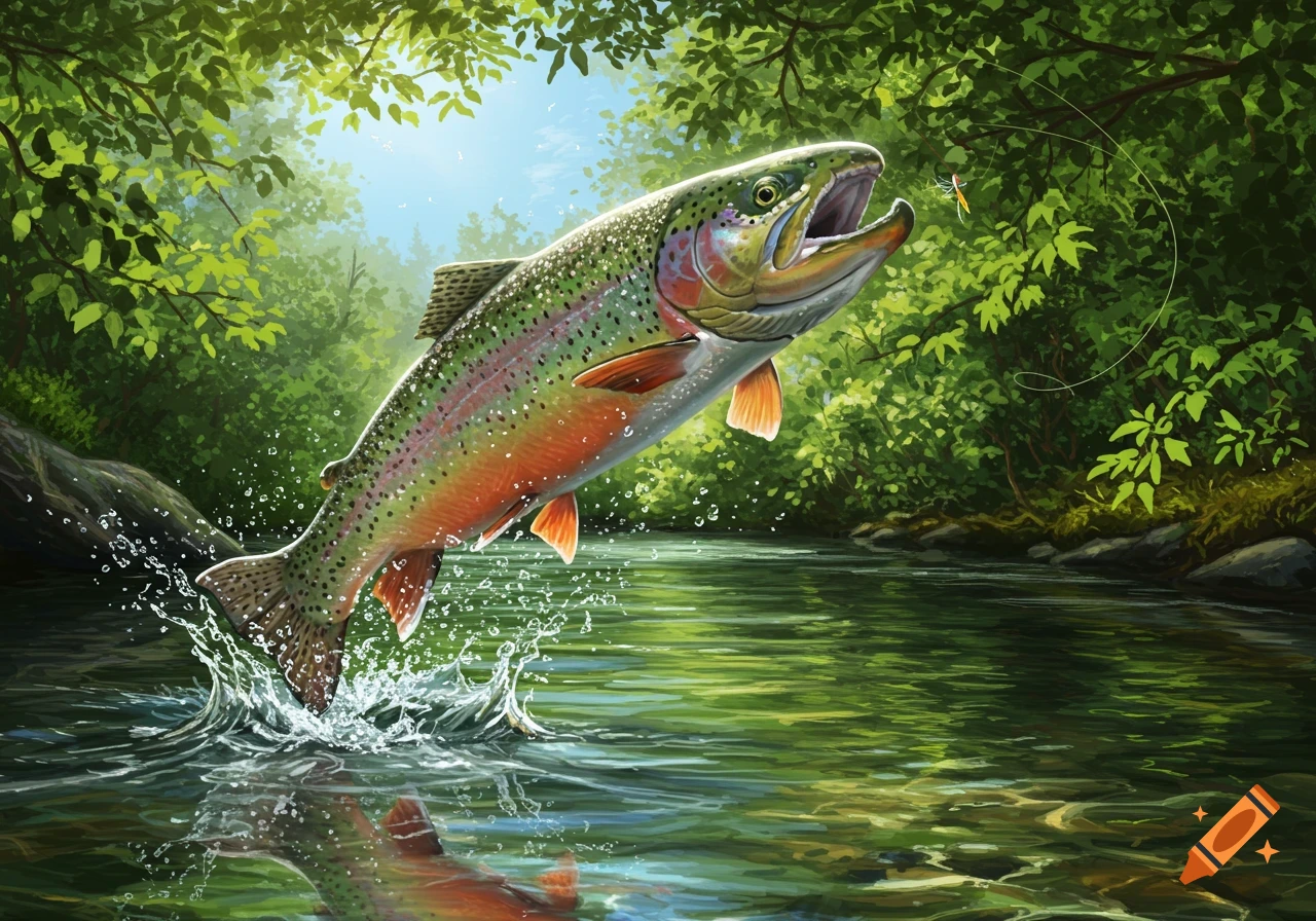 A vibrant illustration of a large rainbow trout leaping from a lush green river, mouth open near a fishing lure.