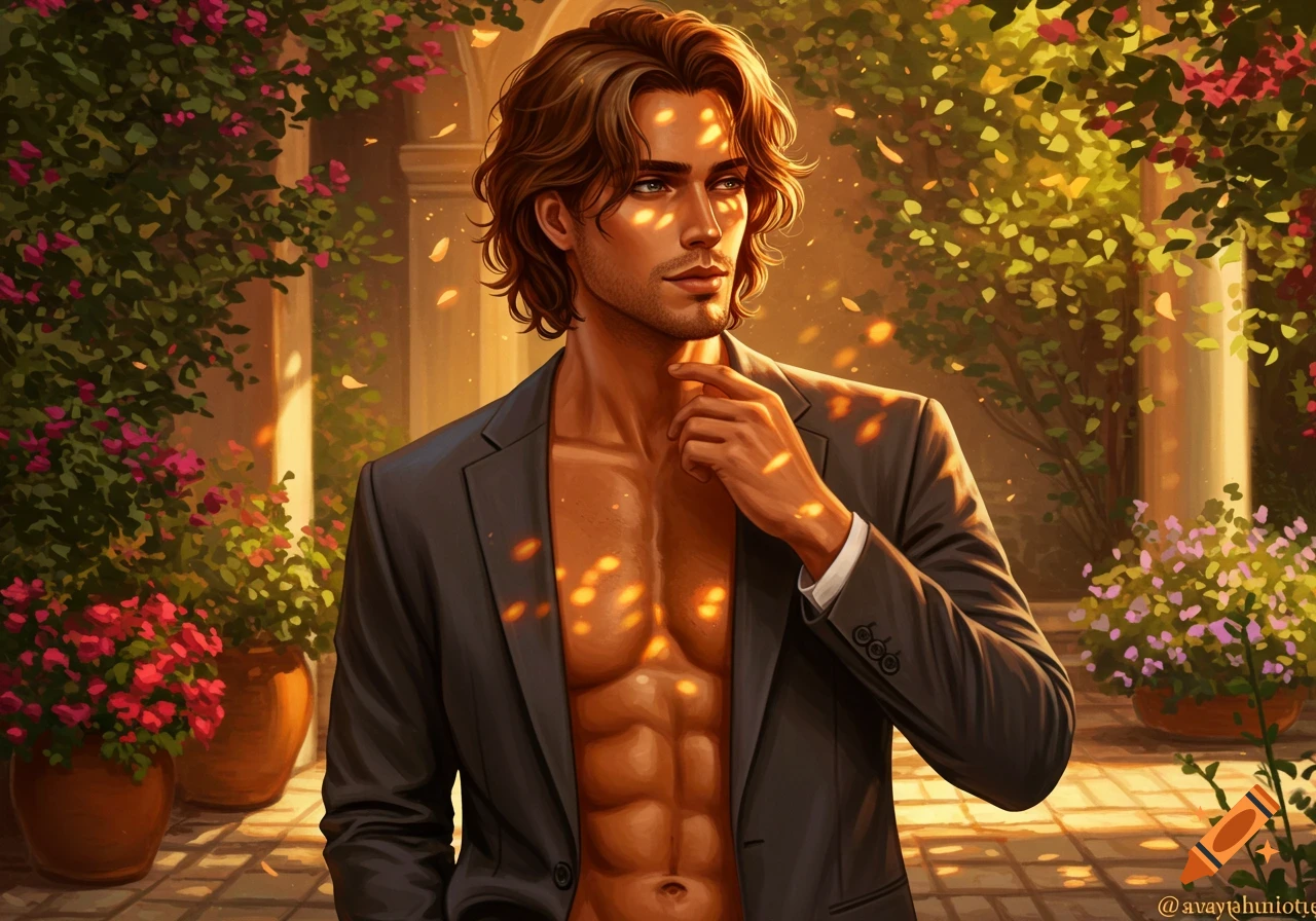 A handsome, shirtless man in an open blazer stands in a sun-dappled garden, hand to his chin, in a digital painting.