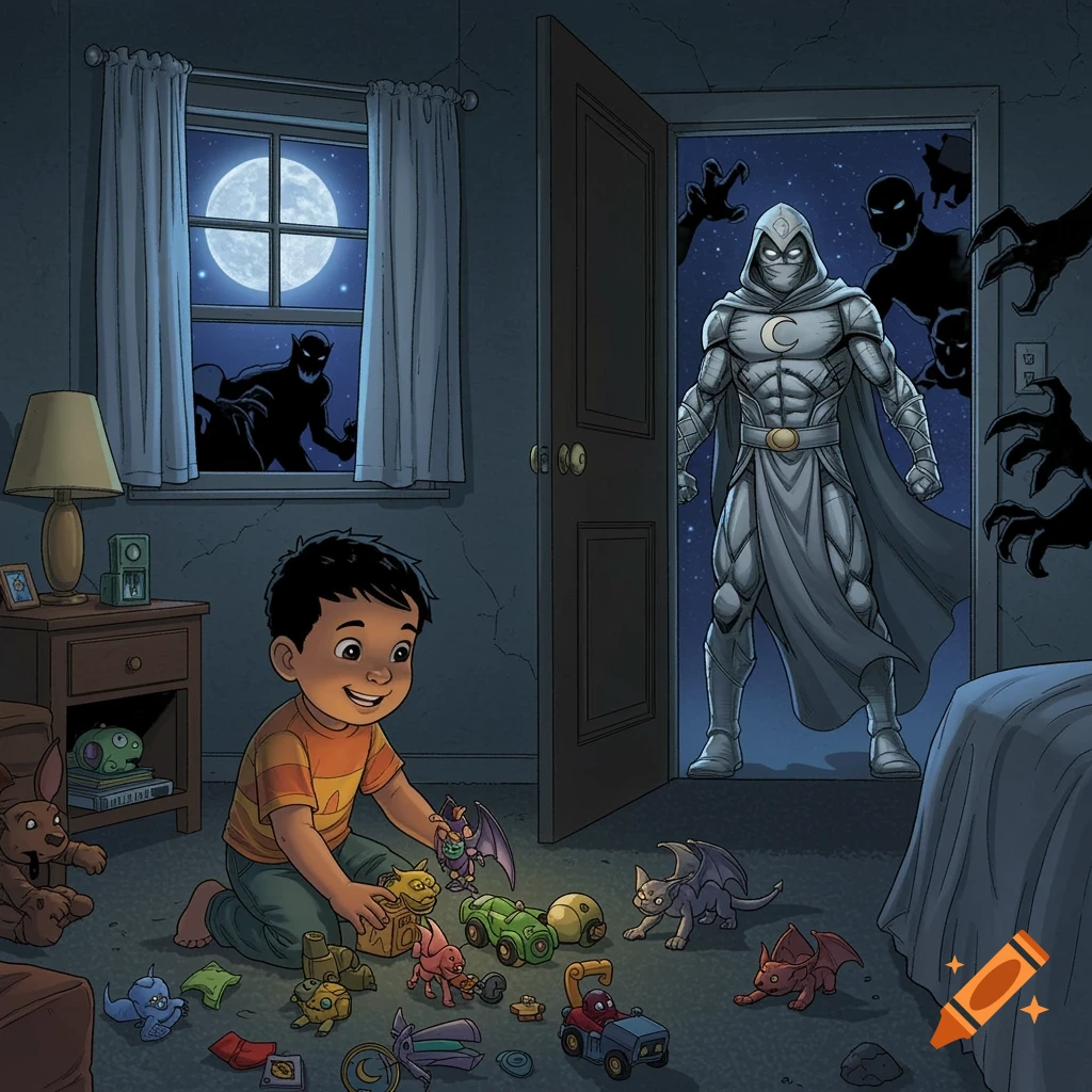Comic style illustration of a happy boy playing with gargoyle toys in a bedroom while Moon Knight stands at the door, blocking shadowy monsters.