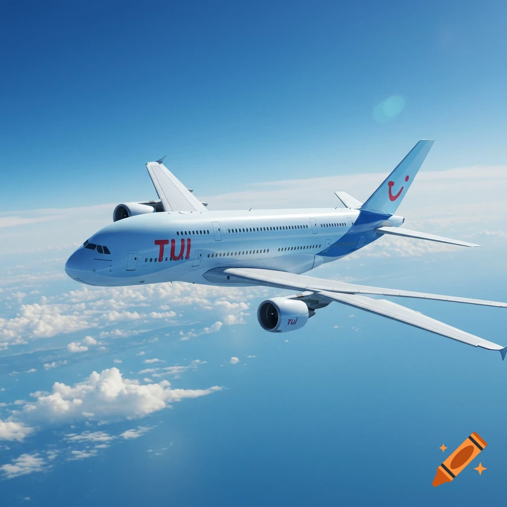 A white and blue TUI Airbus A380 airplane flying high above clouds in a clear blue sky.