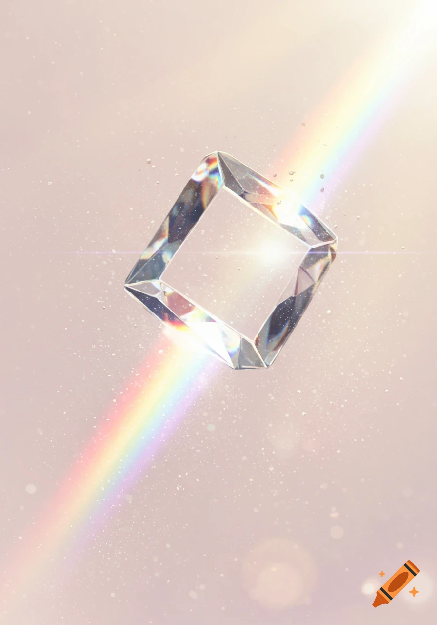 A clear, faceted prism floats against a light, sparkling background, reflecting a vibrant rainbow light beam and lens flares.