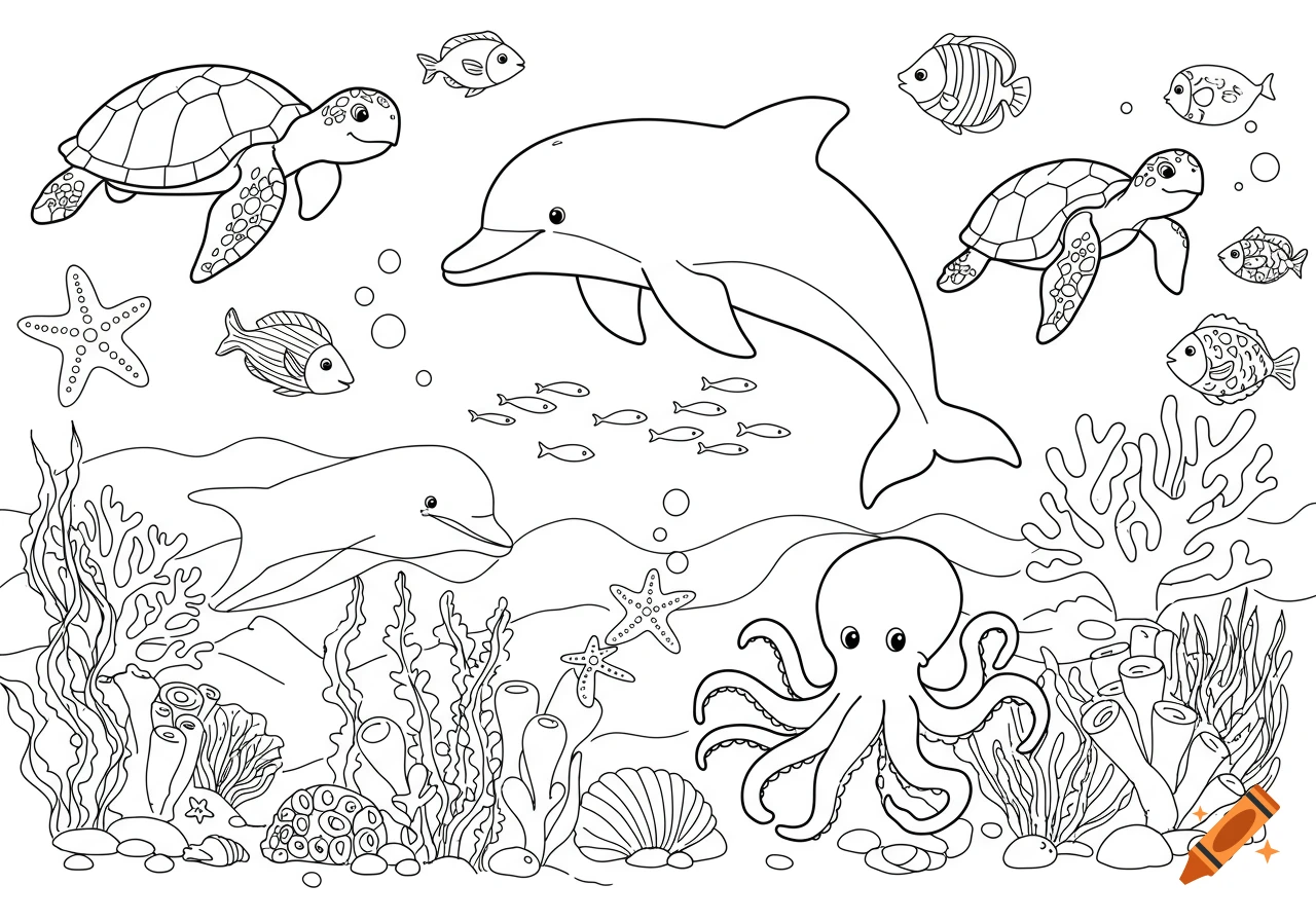 Black and white outline drawing of sea animals including dolphins, turtles, an octopus, fish, and starfish swimming among coral and seaweed.