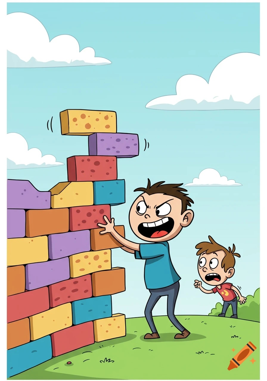 A cartoon boy aggressively builds a tall wall of colorful bricks while another boy looks on with a surprised expression.